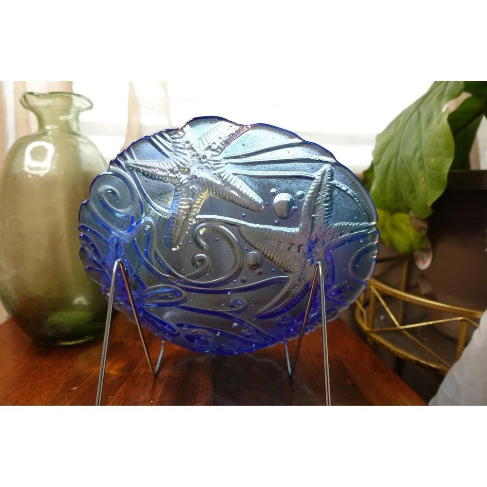 Blue Iridescent Glass Starfish Coastal‎ Nautical Serving Bowl 11 Inch Decorative